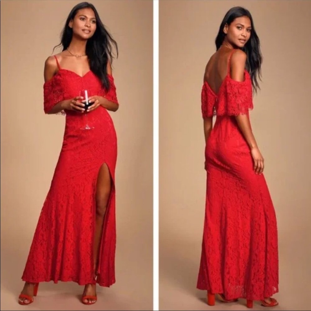 Lulus Caterina Red Lace Off-the-Shoulder Maxi Dress Size S